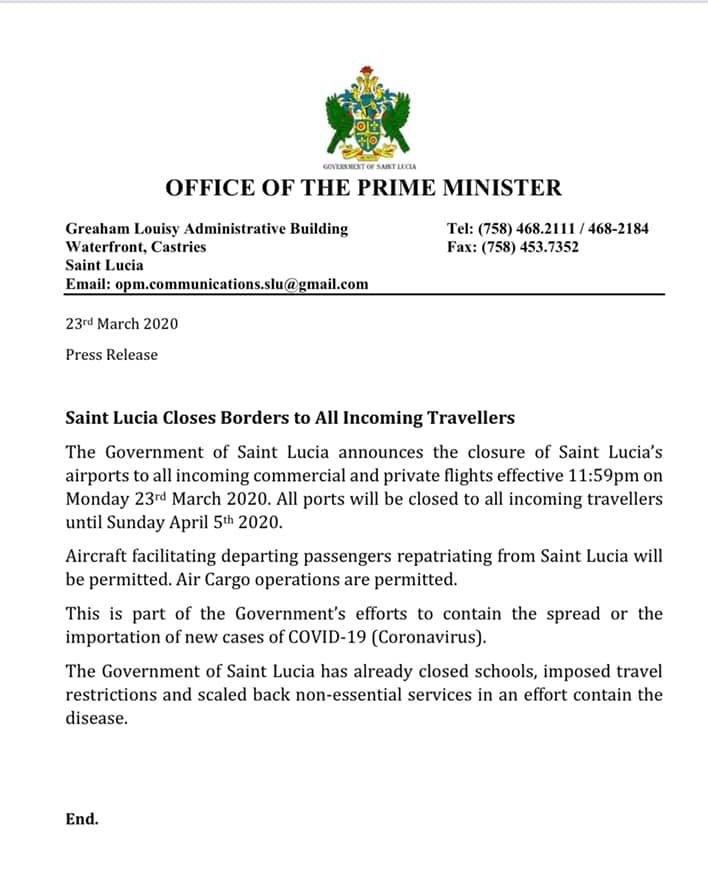 Saint Lucia closes borders to all Travellers